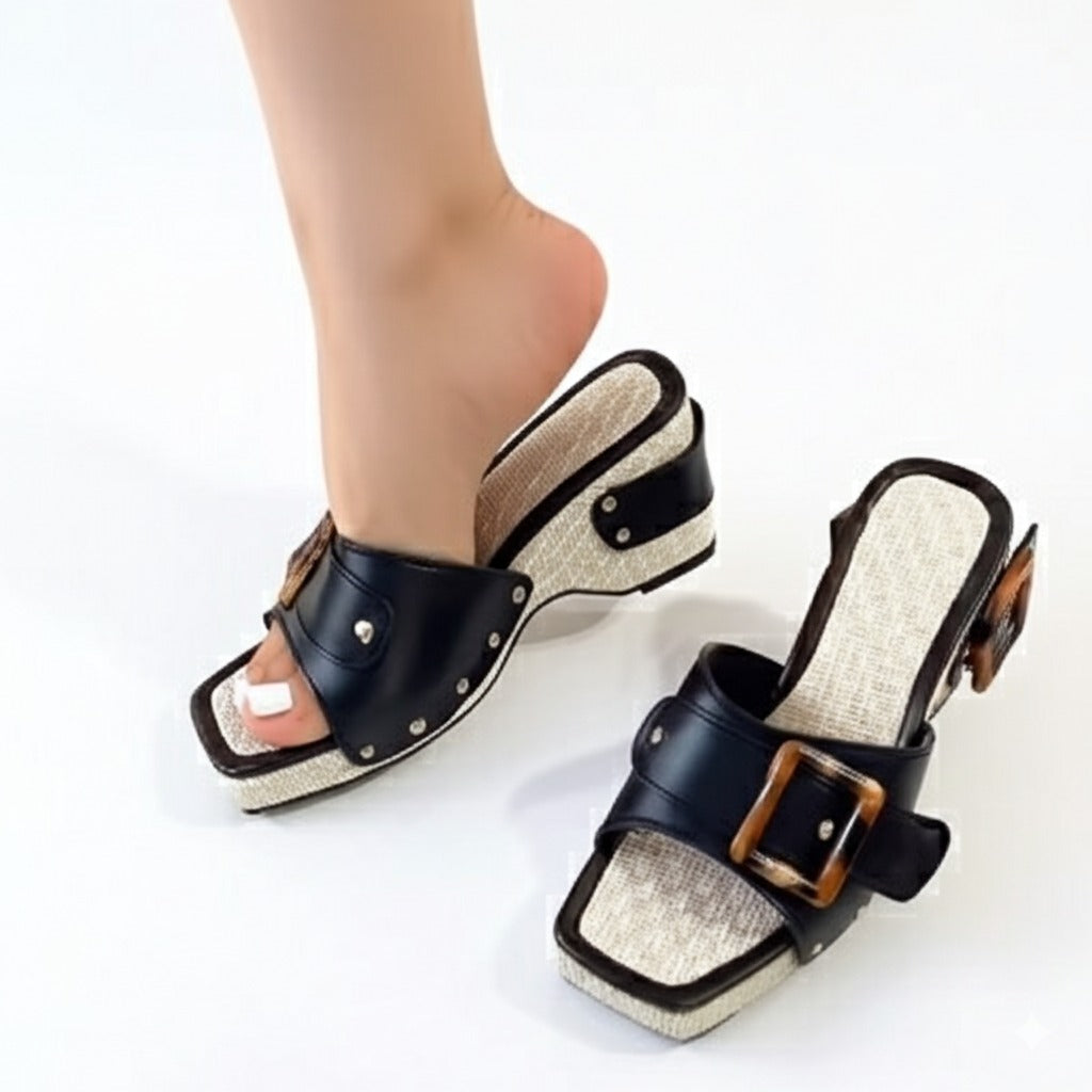Buckled Espadrille Wedge Mules