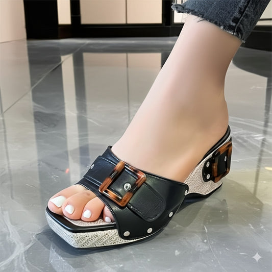 Buckled Espadrille Wedge Mules