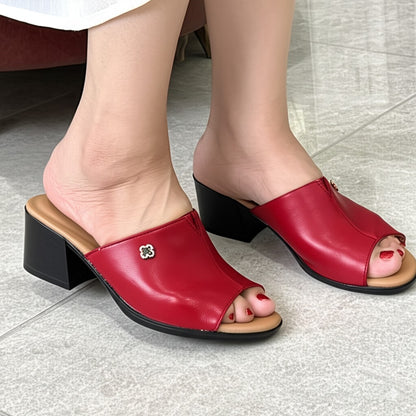 Red Leather Open Toe Block Heel Mules