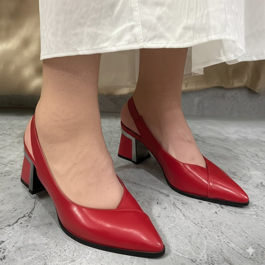 Red Leather Slingback Block Heel Pumps