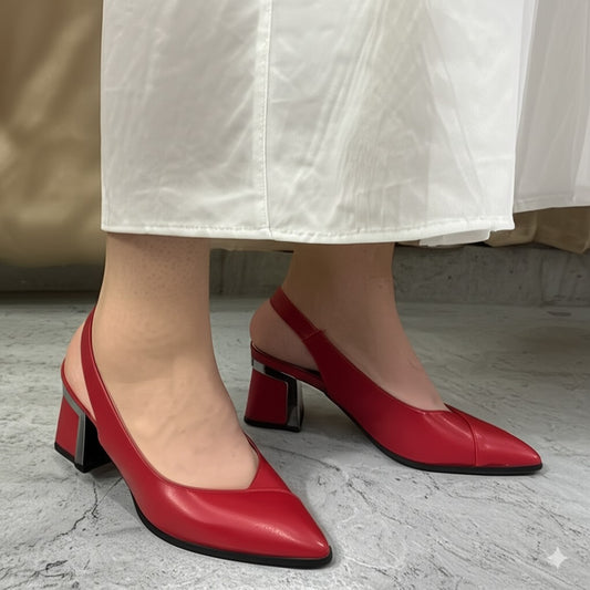 Red Leather Slingback Block Heel Pumps