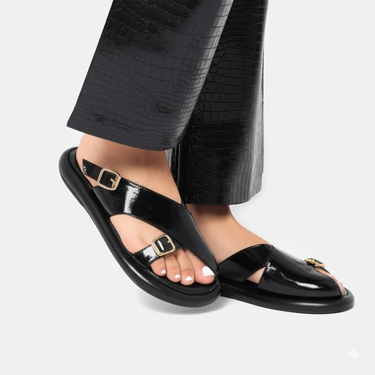 Black Leather Buckle Strap Sandals
