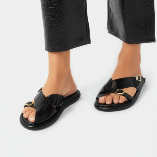 Black Leather Buckle Strap Sandals