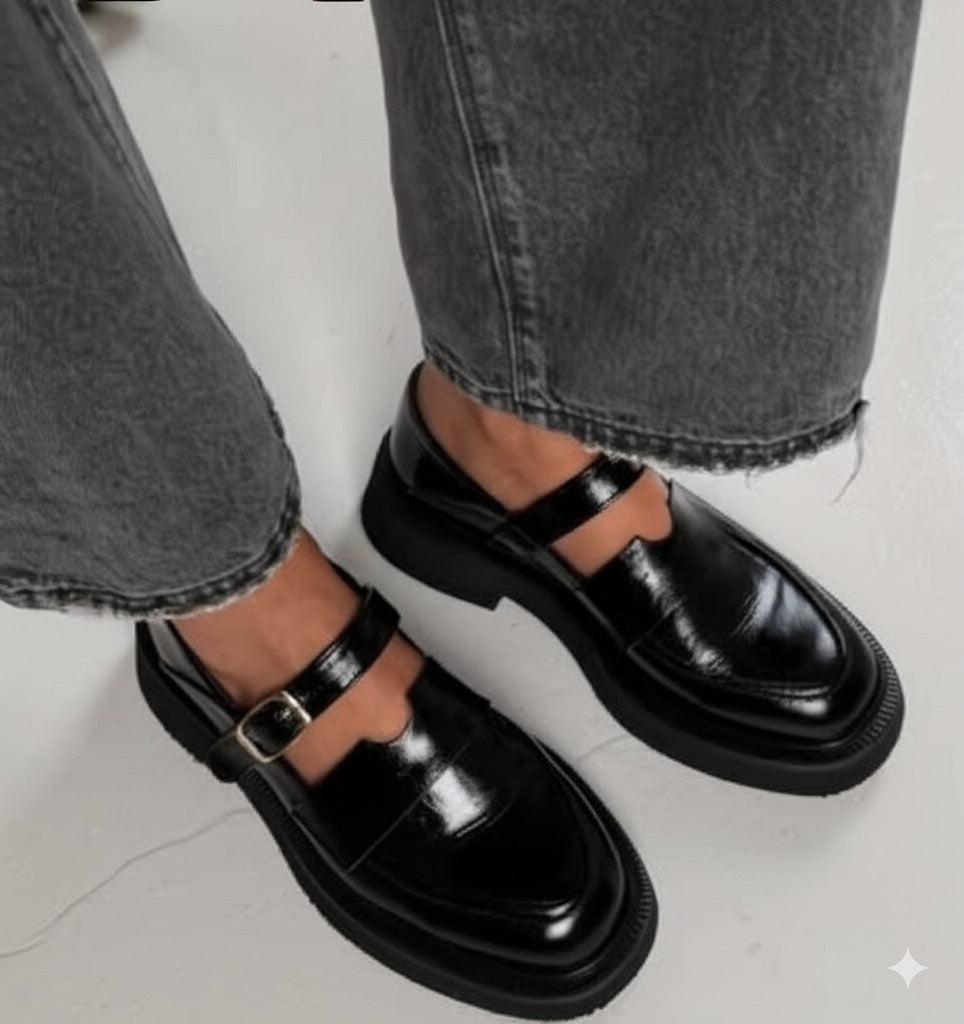 Black Patent Leather Buckle Loafers