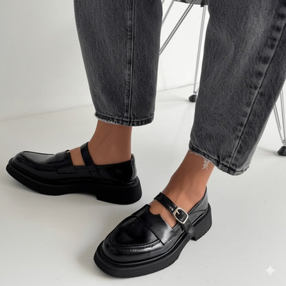 Black Patent Leather Buckle Loafers