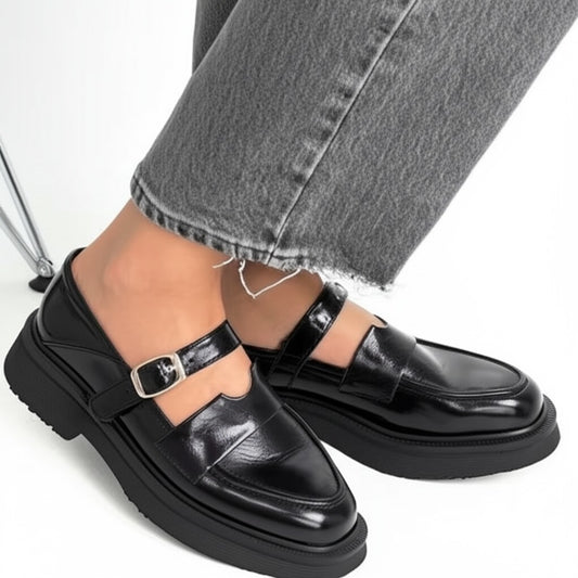 Black Patent Leather Buckle Loafers