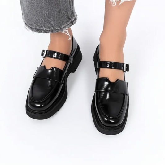 Black Patent Leather Buckle Loafers