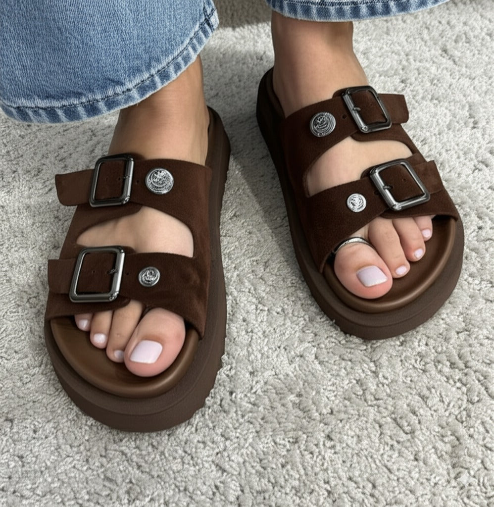 Brown Suede Double Buckle Thick Sole Sandals