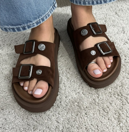 Brown Suede Double Buckle Thick Sole Sandals