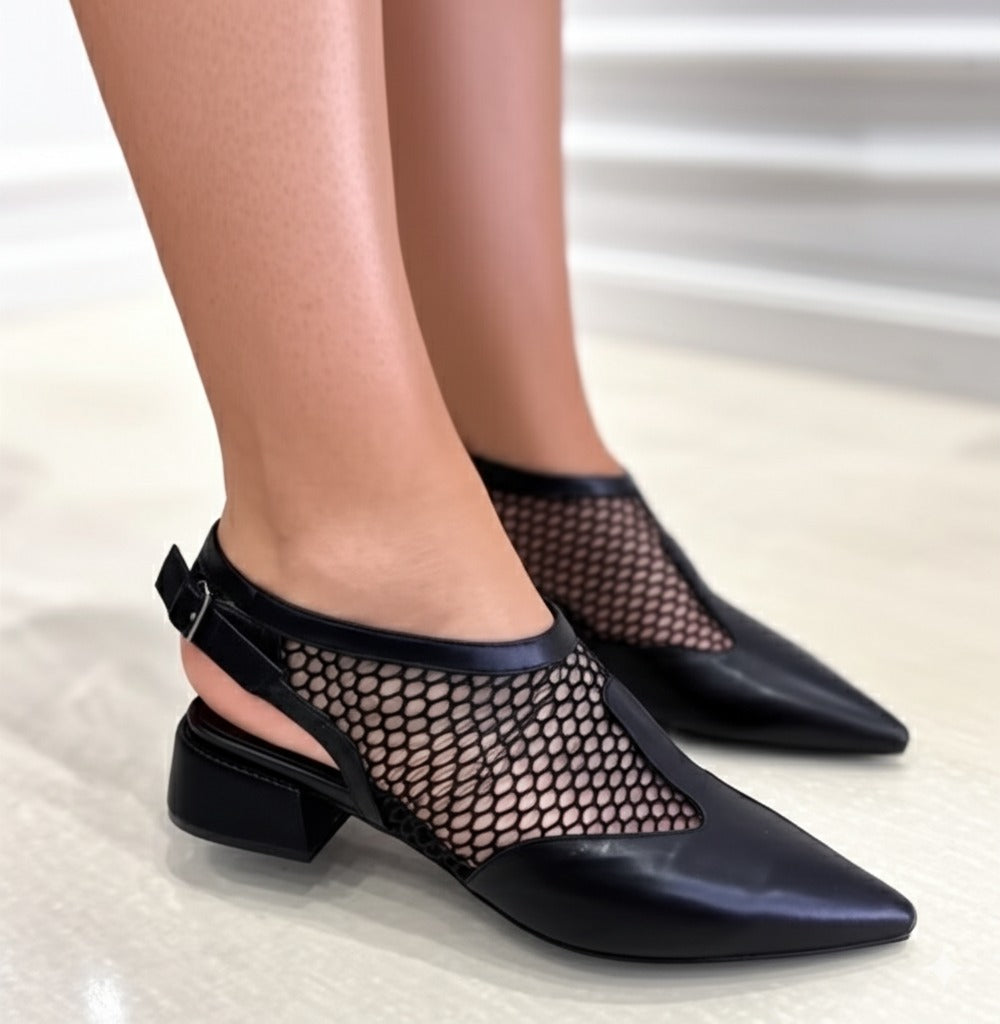 Black Mesh Pointed Toe Block Heel Shoes