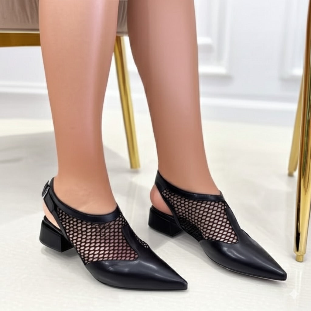 Black Mesh Pointed Toe Block Heel Shoes