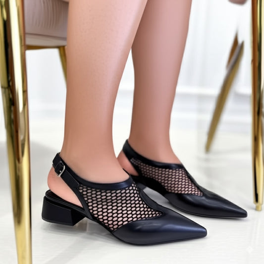 Black Mesh Pointed Toe Block Heel Shoes
