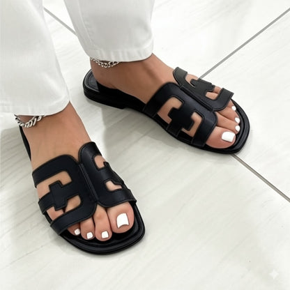 Black Leather H - Strap Slide Sandals