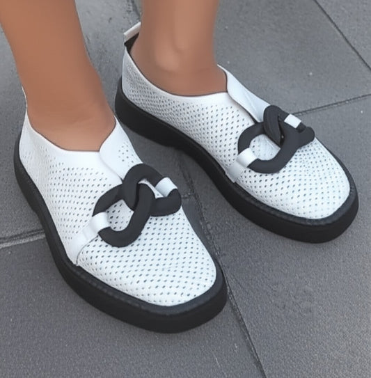 White Mesh Platform Shoes with Black Trim Product Information