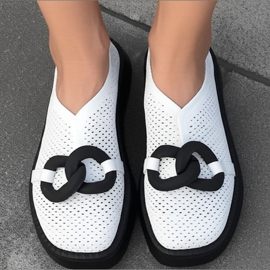 White Mesh Platform Shoes with Black Trim Product Information