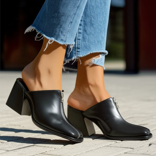 Zip Detail Block Heel Mules