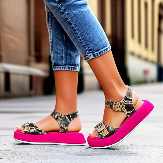 Snake Print Platform Ankle Strap Sandals