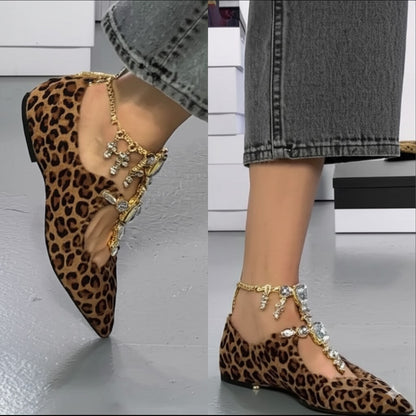Leopard Print Pointed Flats With Jeweled Anklets