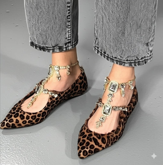 Leopard Print Pointed Flats With Jeweled Anklets