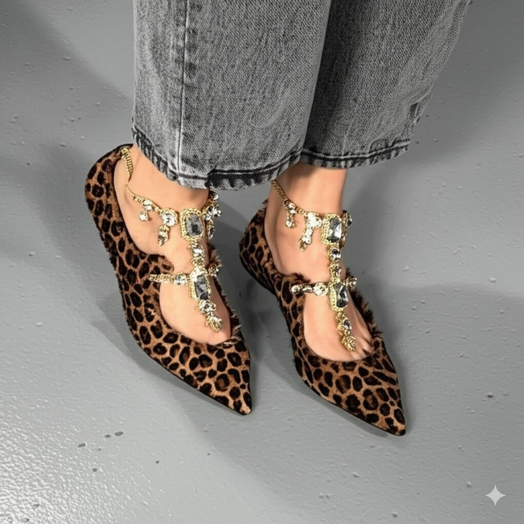 Leopard Print Pointed Flats With Jeweled Anklets