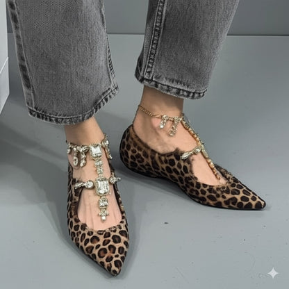 Leopard Print Pointed Flats With Jeweled Anklets