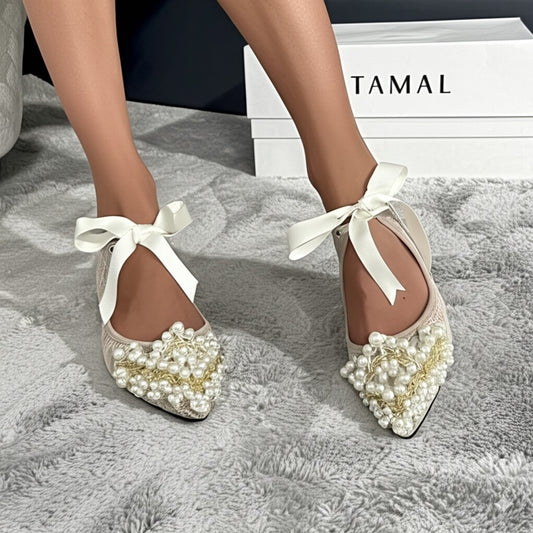 Lace - Up Pearl Embellished Ballet Flats