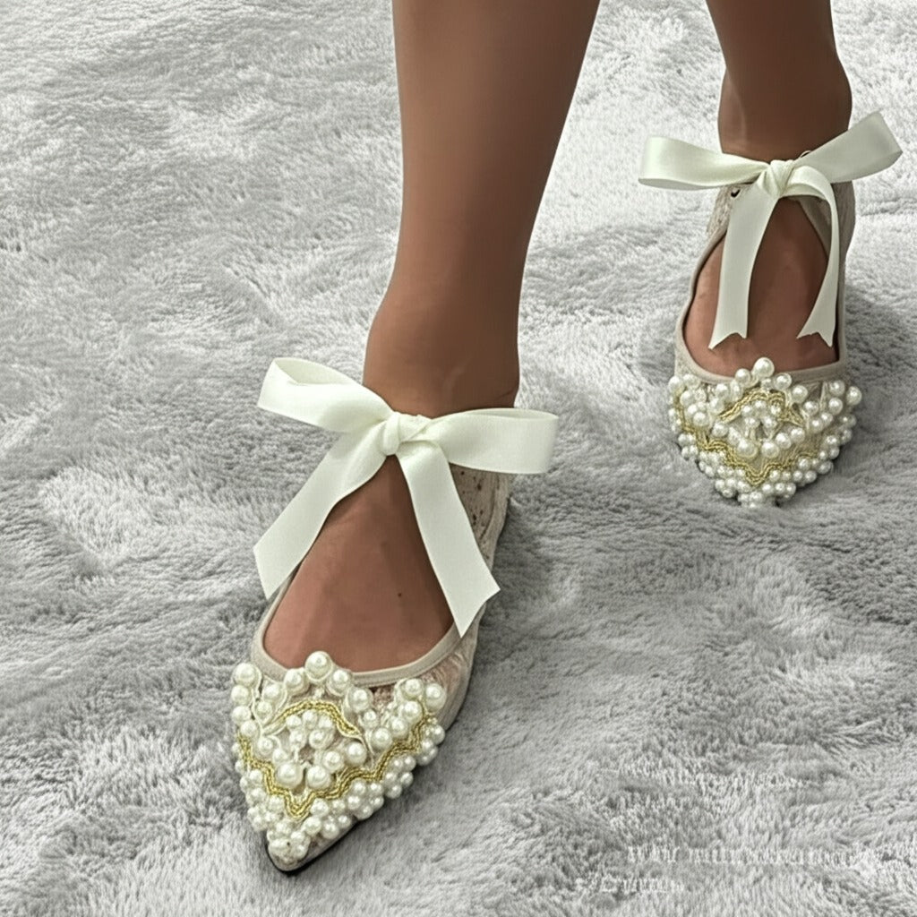Lace - Up Pearl Embellished Ballet Flats