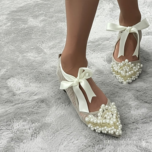 Lace - Up Pearl Embellished Ballet Flats