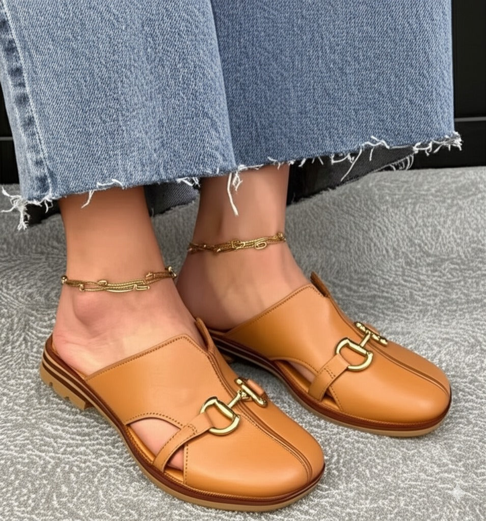 Tan Leather Buckle - Detail Mules