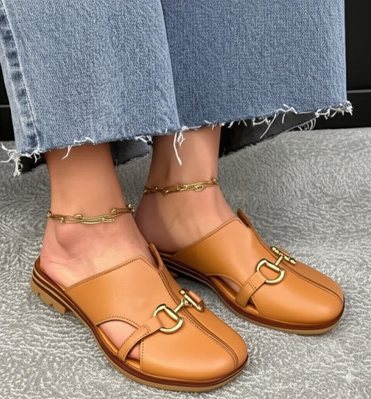 Tan Leather Buckle - Detail Mules