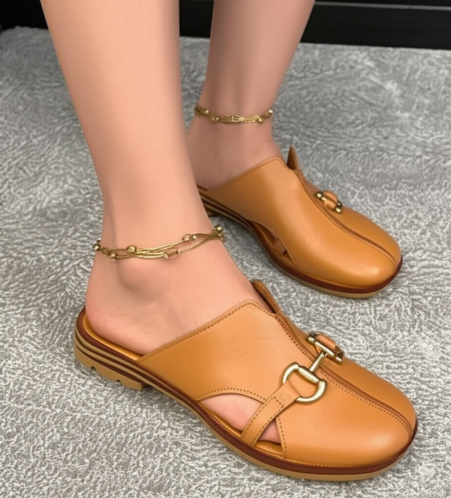 Tan Leather Buckle - Detail Mules
