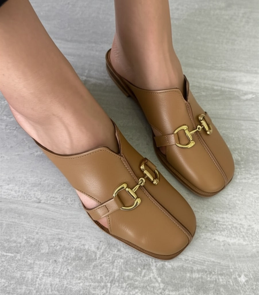 Tan Leather Buckle - Detail Mules