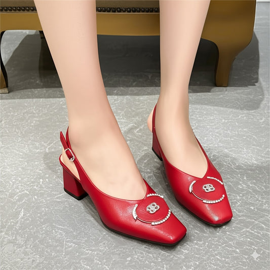 Leather Square - Toe Slingback Block Heels