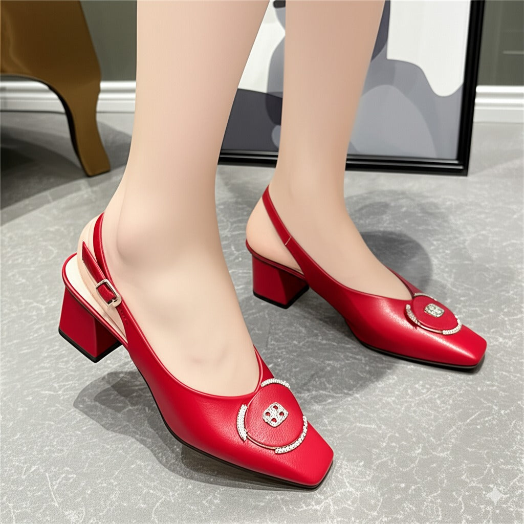 Leather Square - Toe Slingback Block Heels