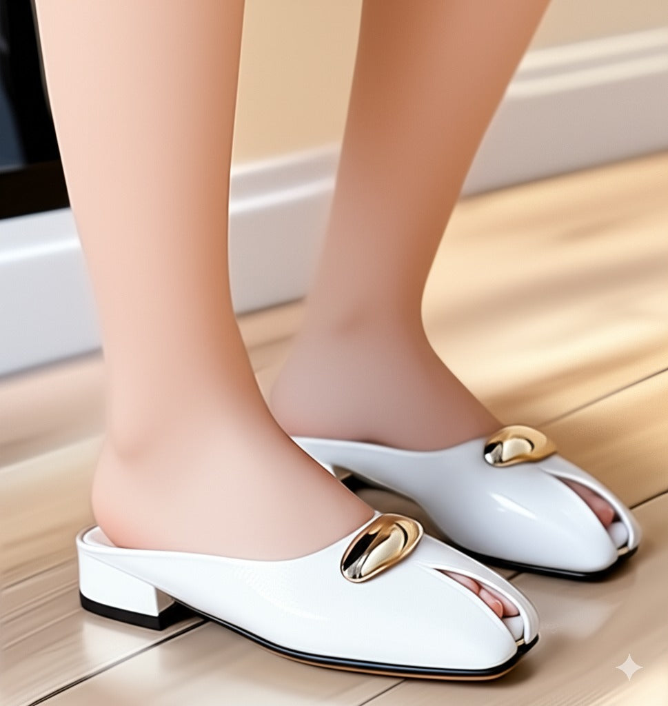 Square Toe Metal Embellished Mules
