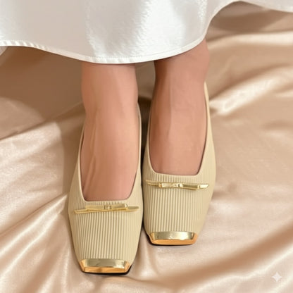 Square - Toe Ribbed Leather Flats With Gold Trim