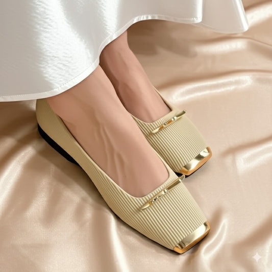 Square - Toe Ribbed Leather Flats With Gold Trim
