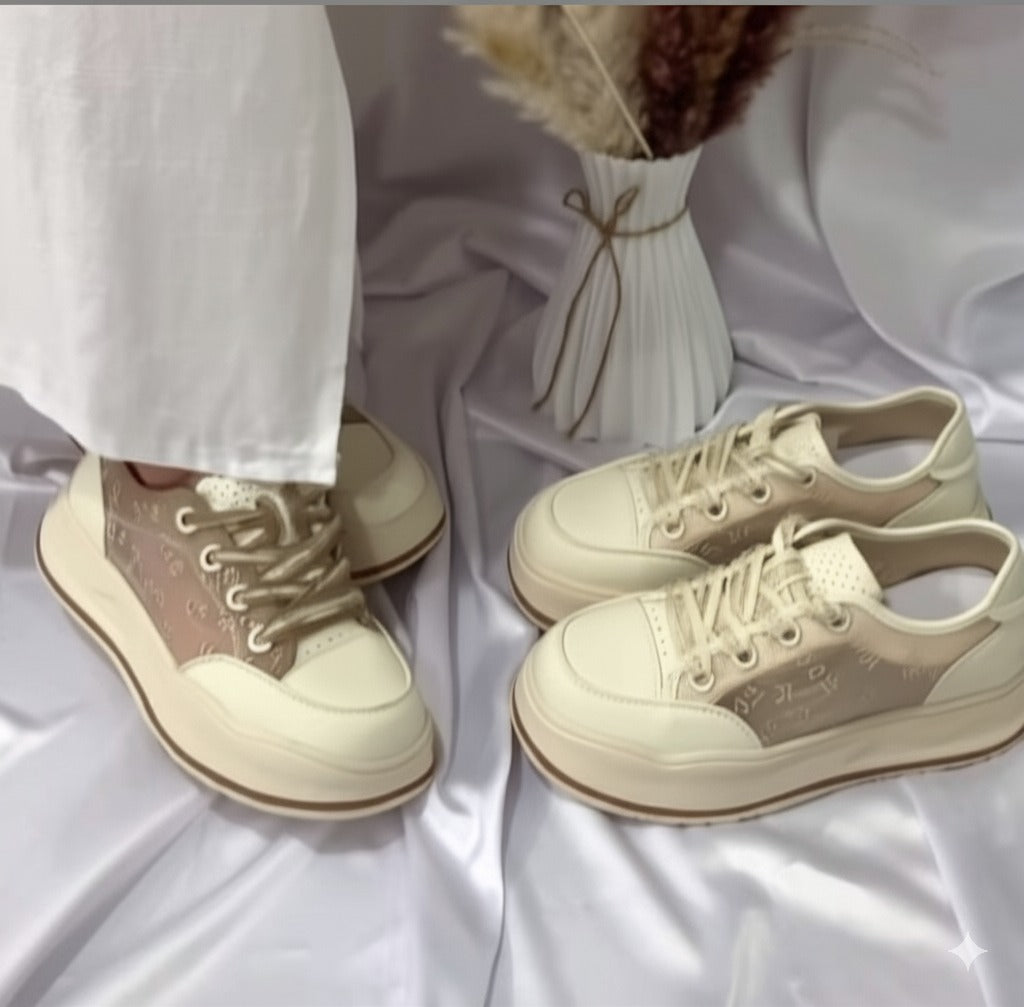 Beige Logo Print Platform Sneakers