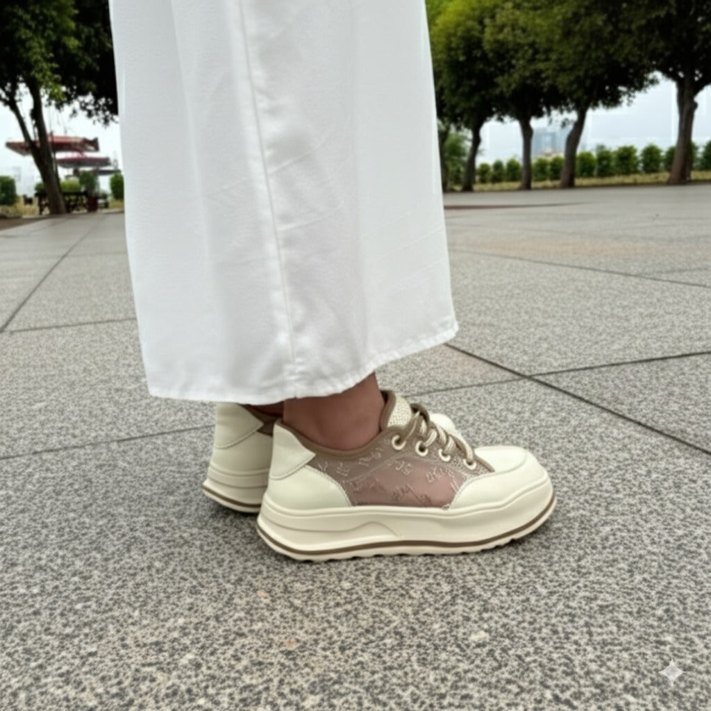 Beige Logo Print Platform Sneakers