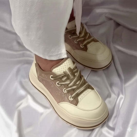 Beige Logo Print Platform Sneakers
