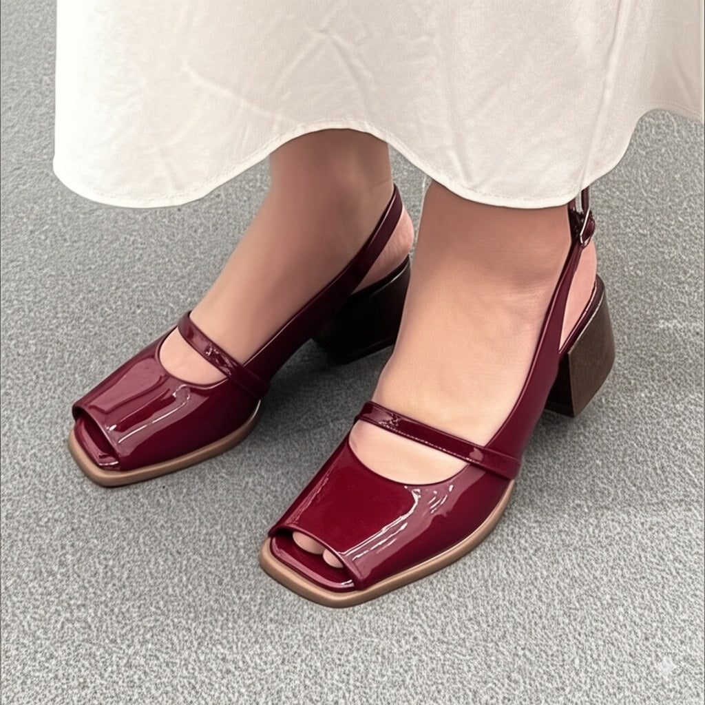 Double Strap Peep Toe Block Heel Sandals