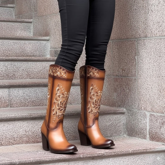Embroidered Block Heel Knee High Boots