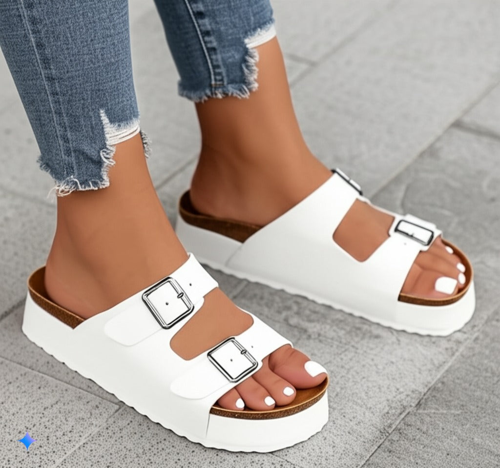 Trendy White Leather Buckle Slide Sandals