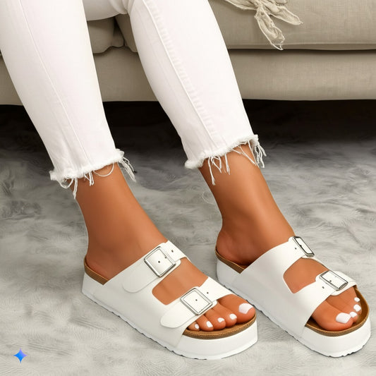 Trendy White Leather Buckle Slide Sandals