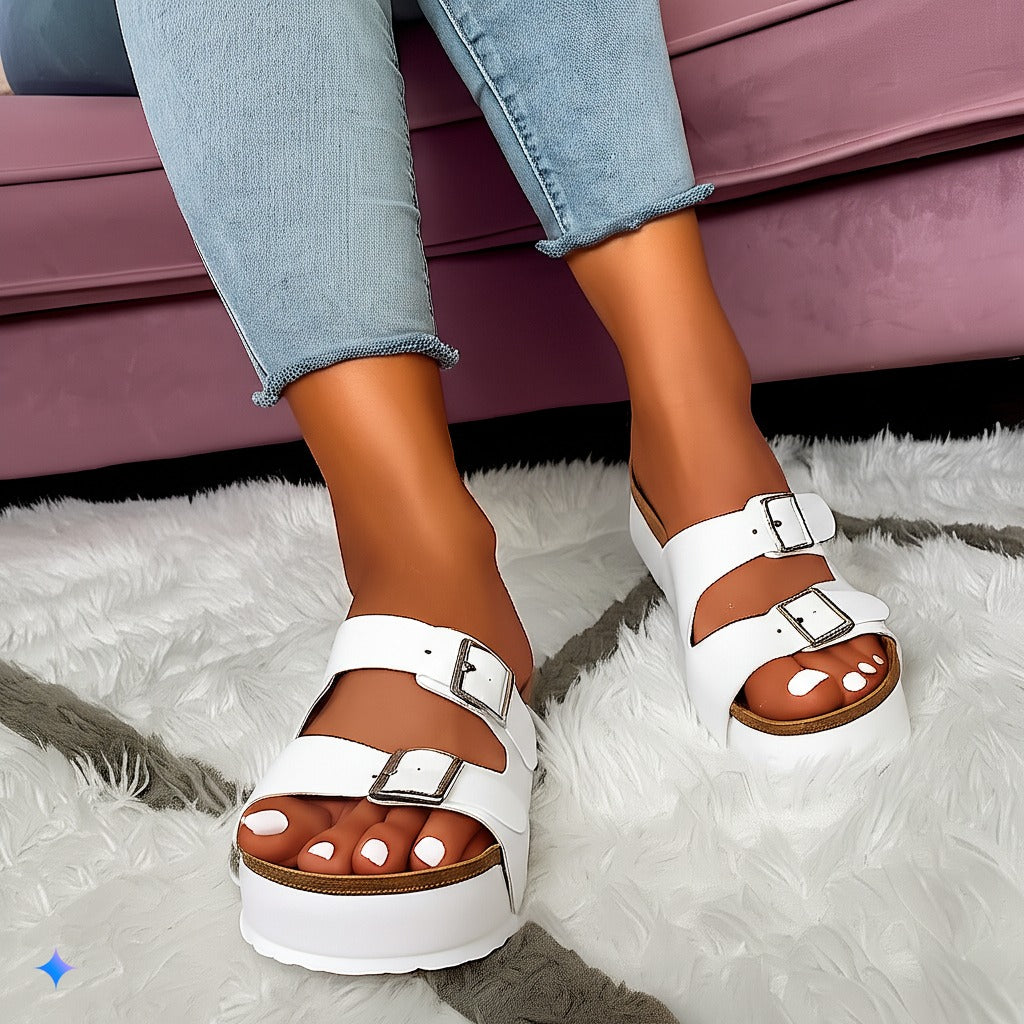 Trendy White Leather Buckle Slide Sandals