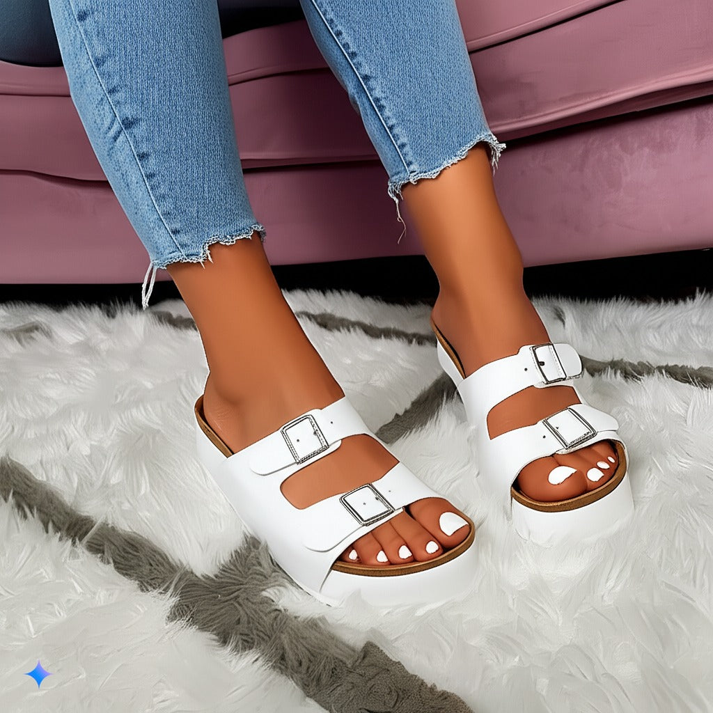 Trendy White Leather Buckle Slide Sandals