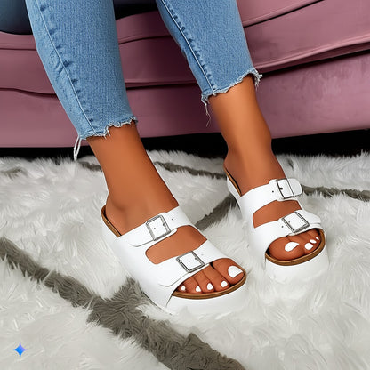 Trendy White Leather Buckle Slide Sandals