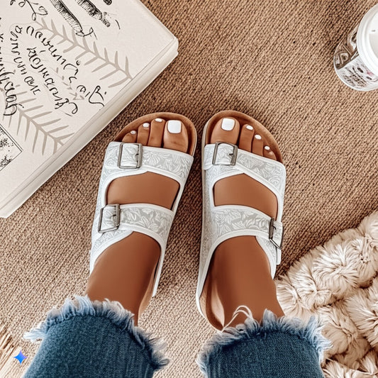 White Floral Buckle Mule Sandals