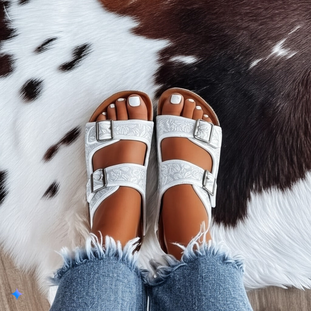 White Floral Buckle Mule Sandals
