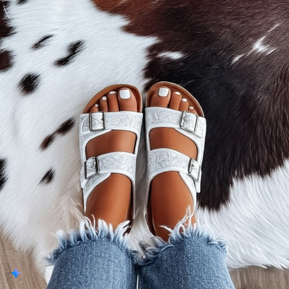 White Floral Buckle Mule Sandals